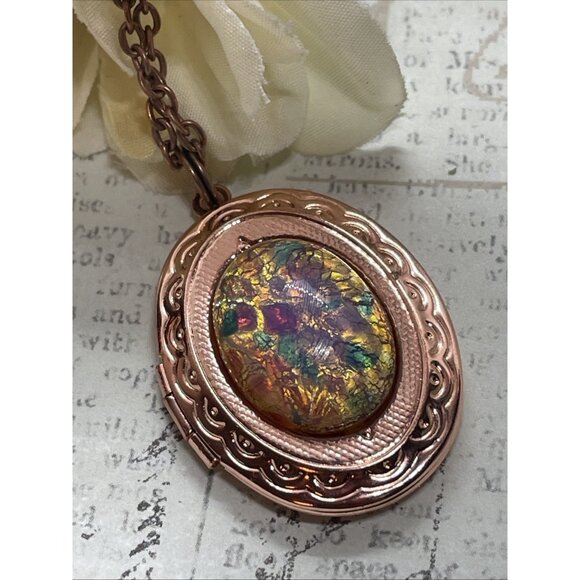Rose Gold Brass Harlequin Opal Birthday Gift Locket Necklace Pendant Wedding - Picture 4 of 14
